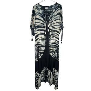 Bali Queen Women's Short Sleeve Maxi Dress M/L Black White Tie Dye Tassels Boho